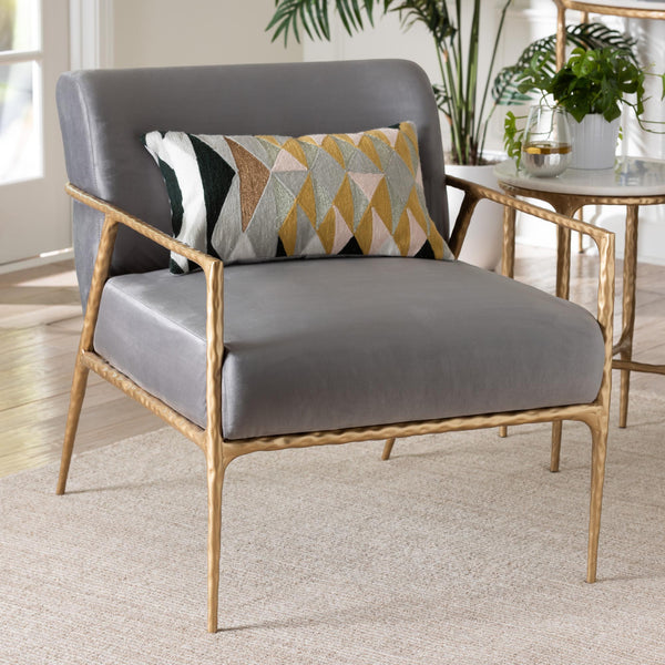 Baxton Studio Baxton Ilmari Velvet Lounge Chair — Hand‑Forged Hammered Metal Frame, Deep Seat, Plush Velvet Comfort FUR6887-Upholstered/Metal Frame-CC