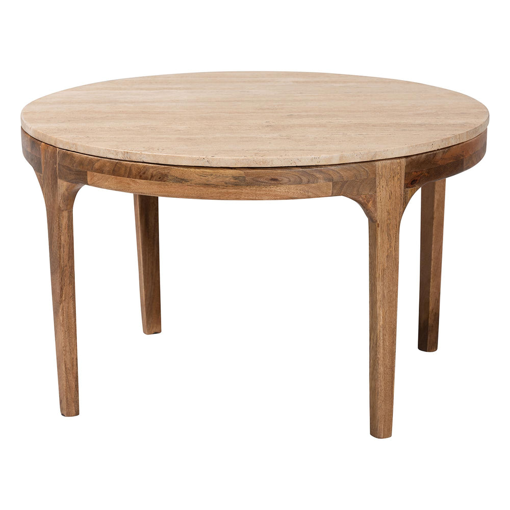 Baxton Studio Baxton Prospero Travertine Coffee Table — Round Mango Wood Frame, Sculptural Veining, Fully Assembled FUR6889-Natural Travertine Top-CT