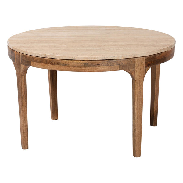 Baxton Studio Baxton Prospero Travertine Coffee Table — Round Mango Wood Frame, Sculptural Veining, Fully Assembled FUR6889-Natural Travertine Top-CT