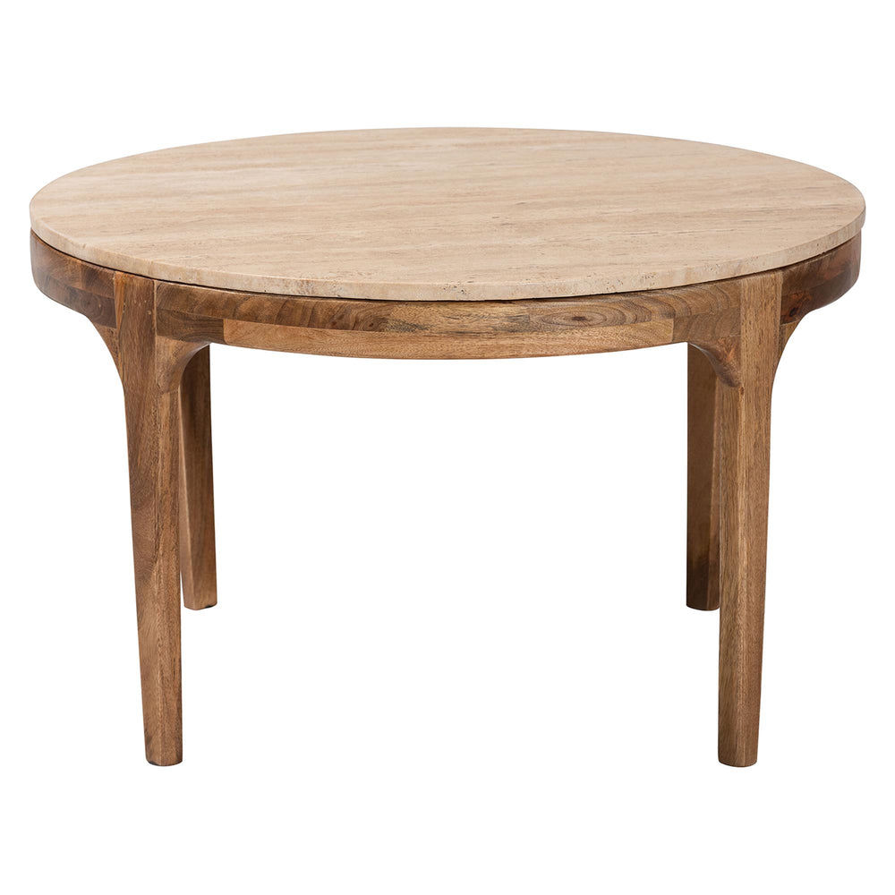 Baxton Studio Baxton Prospero Travertine Coffee Table — Round Mango Wood Frame, Sculptural Veining, Fully Assembled FUR6889-Natural Travertine Top-CT