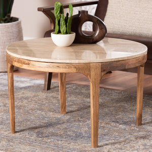 Baxton Studio Baxton Prospero Travertine Coffee Table — Round Mango Wood Frame, Sculptural Veining, Fully Assembled FUR6889-Natural Travertine Top-CT