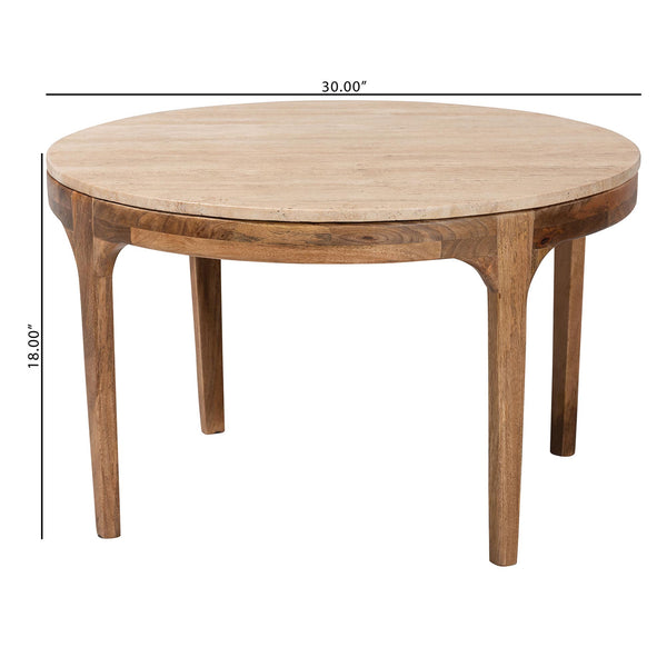 Baxton Studio Baxton Prospero Travertine Coffee Table — Round Mango Wood Frame, Sculptural Veining, Fully Assembled FUR6889-Natural Travertine Top-CT