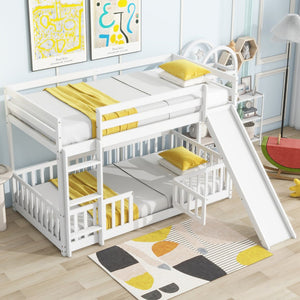 English Elm Twin Over Twin Floor Bunk Bed With Slide & Ladder - Solid Pine Wood, White Finish, Safe & Fun Design! W504S00190-GIGA