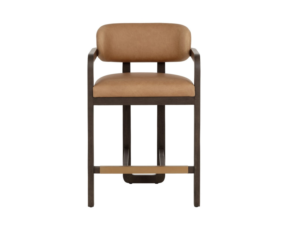 Sunpan MADRONE Counter Stool - Modern Brown Oak Frame with Low-Back Ludlow Sesame Leather Comfort Seat 112681