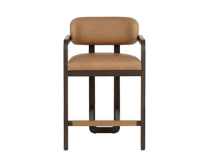 Sunpan MADRONE Counter Stool - Modern Brown Oak Frame with Low-Back Ludlow Sesame Leather Comfort Seat 112681