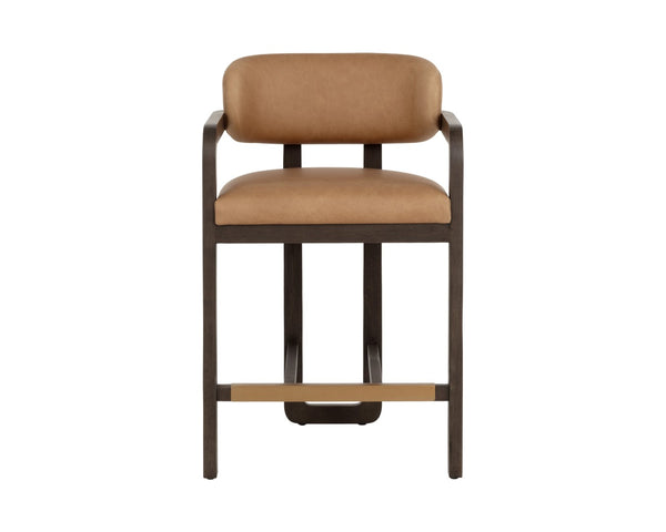 Sunpan MADRONE Counter Stool - Modern Brown Oak Frame with Low-Back Ludlow Sesame Leather Comfort Seat 112681
