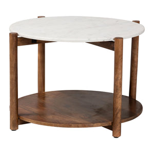Baxton Studio Baxton Quindalyn Round Marble Coffee Table With Mango Wood Frame, Two-Tier Shelf, Handcrafted Elegance FUR6890-Natural Marble Top 2 Tier-CT