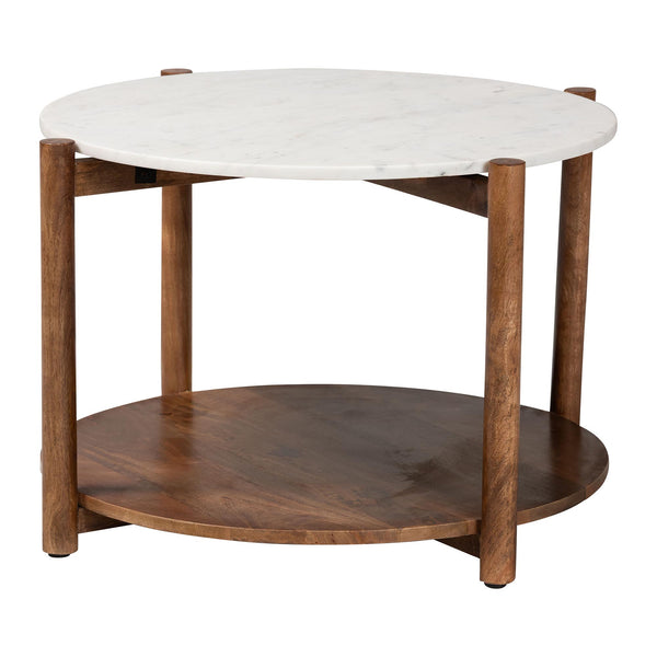 Baxton Studio Baxton Quindalyn Round Marble Coffee Table With Mango Wood Frame, Two-Tier Shelf, Handcrafted Elegance FUR6890-Natural Marble Top 2 Tier-CT