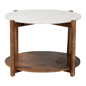 Baxton Studio Baxton Quindalyn Round Marble Coffee Table With Mango Wood Frame, Two-Tier Shelf, Handcrafted Elegance FUR6890-Natural Marble Top 2 Tier-CT