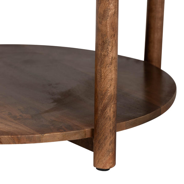 Baxton Studio Baxton Quindalyn Round Marble Coffee Table With Mango Wood Frame, Two-Tier Shelf, Handcrafted Elegance FUR6890-Natural Marble Top 2 Tier-CT