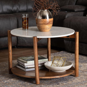Baxton Studio Baxton Quindalyn Round Marble Coffee Table With Mango Wood Frame, Two-Tier Shelf, Handcrafted Elegance FUR6890-Natural Marble Top 2 Tier-CT