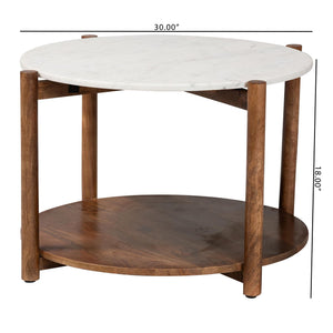 Baxton Studio Baxton Quindalyn Round Marble Coffee Table With Mango Wood Frame, Two-Tier Shelf, Handcrafted Elegance FUR6890-Natural Marble Top 2 Tier-CT