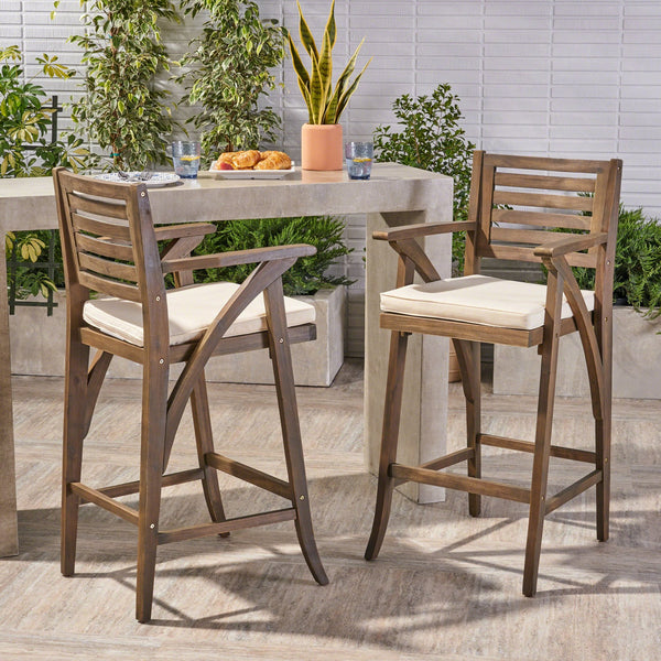 English Elm Christopher Knight Home® - HERMOSA Acacia 30" Outdoor Bar Stool Set of 2 with Weather-Resistant Cushions and Ladder-Back Design Grey 59244.00GRYMP2
