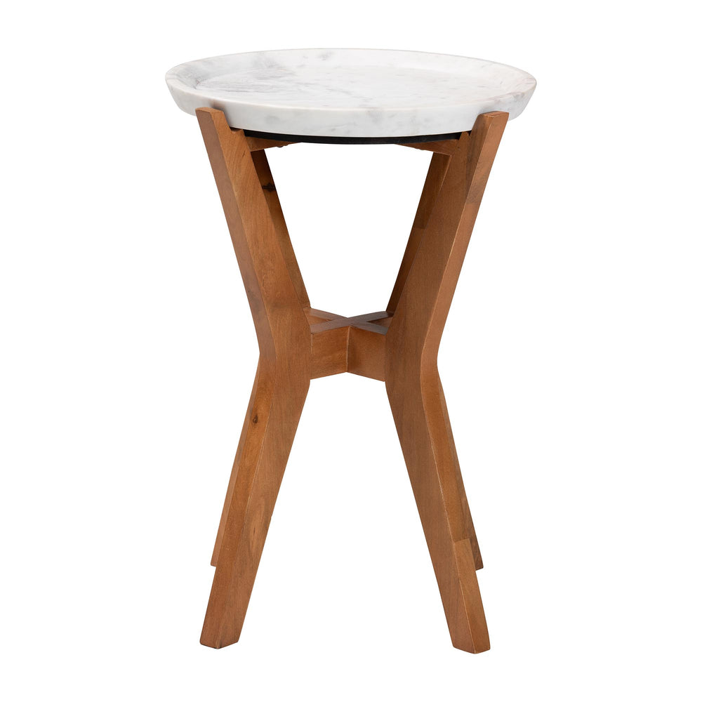 Baxton Studio Baxton Phaedra Marble End Table — Handcrafted Mango Wood Frame, Sculptural Tray Top Accent FUR6891-Marble Tray-ET