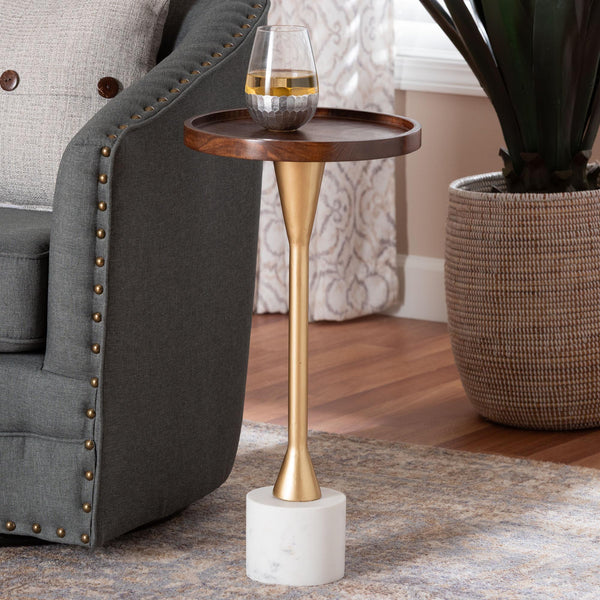 Baxton Studio Baxton Mango Wood Tray Pedestal Table With Marble Base — Handcrafted Compact Accent For Small Spaces FUR6892-Wood Tray-ET