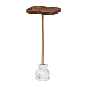 Baxton Studio Baxton Gezana Pedestal Drink Table With Mango Wood Clover Tray And Marble Base — Compact Accent Piece FUR6893-Wood Tray-ET
