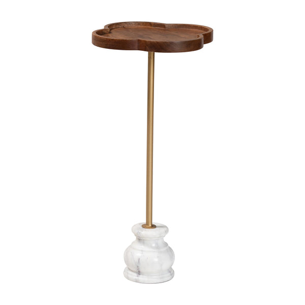 Baxton Studio Baxton Gezana Pedestal Drink Table With Mango Wood Clover Tray And Marble Base — Compact Accent Piece FUR6893-Wood Tray-ET