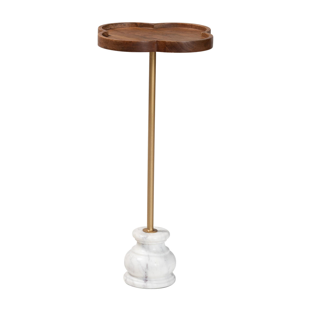 Baxton Studio Baxton Gezana Pedestal Drink Table With Mango Wood Clover Tray And Marble Base — Compact Accent Piece FUR6893-Wood Tray-ET