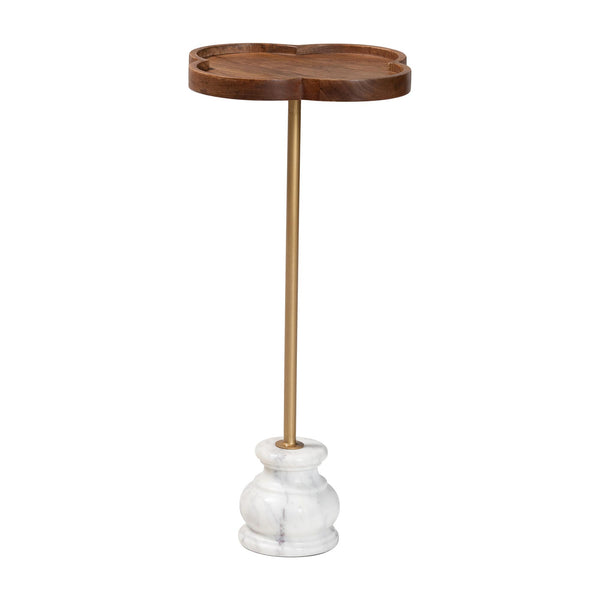 Baxton Studio Baxton Gezana Pedestal Drink Table With Mango Wood Clover Tray And Marble Base — Compact Accent Piece FUR6893-Wood Tray-ET