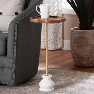 Baxton Studio Baxton Gezana Pedestal Drink Table With Mango Wood Clover Tray And Marble Base — Compact Accent Piece FUR6893-Wood Tray-ET