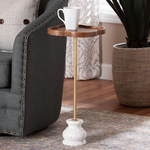 Baxton Studio Baxton Gezana Pedestal Drink Table With Mango Wood Clover Tray And Marble Base — Compact Accent Piece FUR6893-Wood Tray-ET