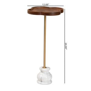 Baxton Studio Baxton Gezana Pedestal Drink Table With Mango Wood Clover Tray And Marble Base — Compact Accent Piece FUR6893-Wood Tray-ET