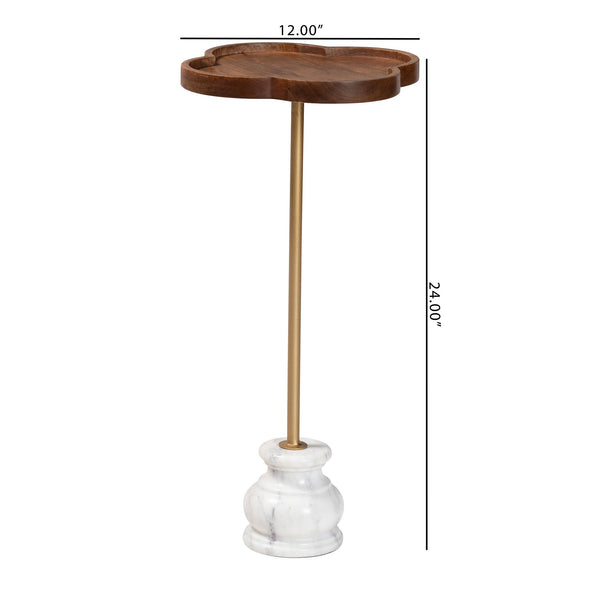 Baxton Studio Baxton Gezana Pedestal Drink Table With Mango Wood Clover Tray And Marble Base — Compact Accent Piece FUR6893-Wood Tray-ET