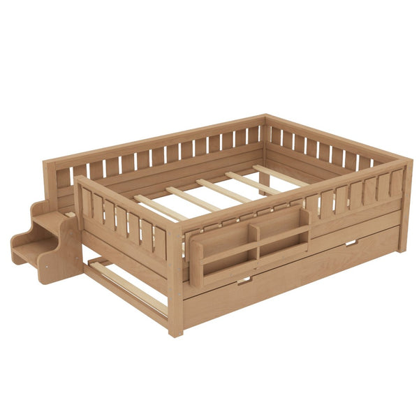 English Elm Twin Kids Platform Bed with Trundle Staircase Bookshelf and Rounded Safety Rails Natural W1580S00561