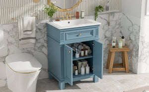 English Elm 24'' Carved Farmhouse Bathroom Vanity with Ceramic Sink Soft Close Storage Cabinet Indigo Blue N710P446530M