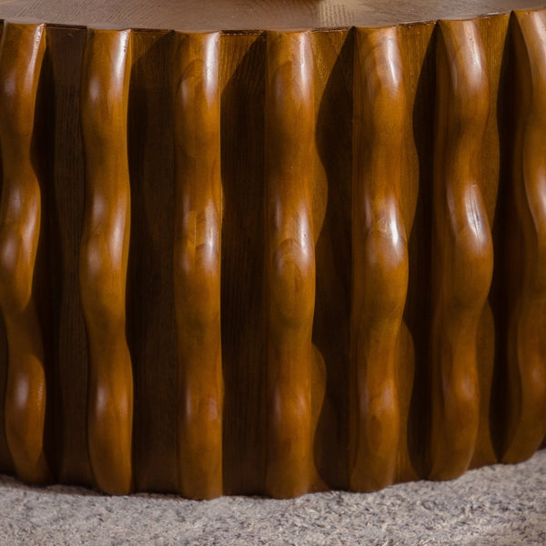 English Elm Drum Fluted Round Coffee Table - Mid-Century Modern Design For Living Room & Bedroom, Fully Assembled! W3158P355087