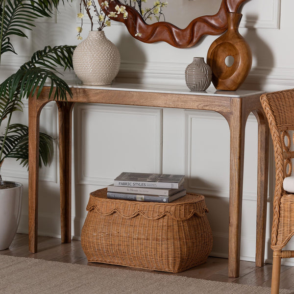Baxton Studio Baxton Lluvia Slim Marble Console Table With Mango Wood Frame, Handcrafted Raised Top Accent FUR6894-Natural Marble Top-Console Table