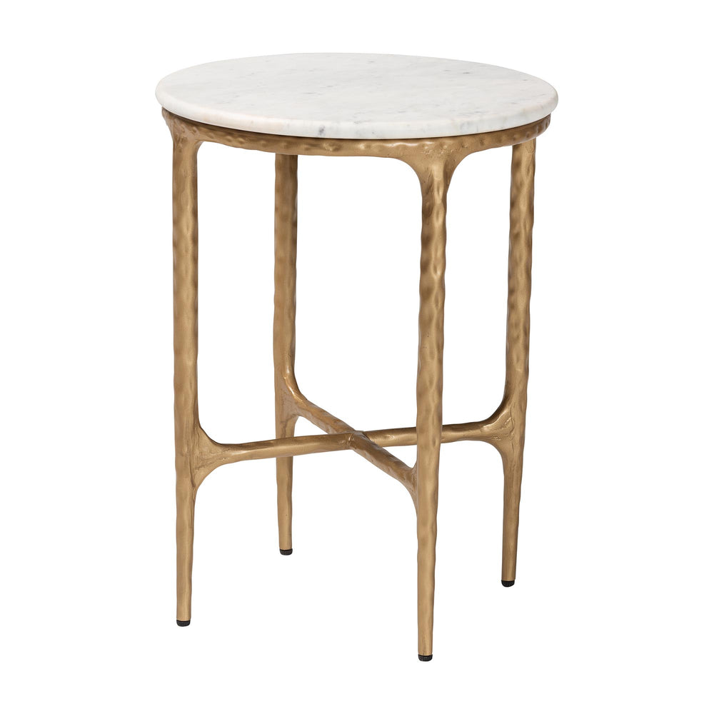 Baxton Studio Baxton Akanji Marble End Table — Hand-Forged Hammered Metal Frame, Round Rustic Modern Accent, Fully Assembled FUR6895-Marble Top Hammer Iron-ET