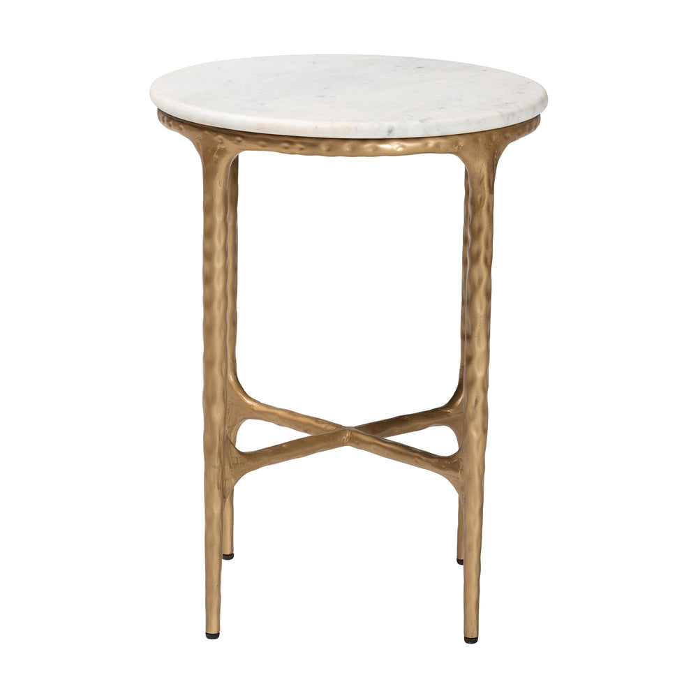 Baxton Studio Baxton Akanji Marble End Table — Hand-Forged Hammered Metal Frame, Round Rustic Modern Accent, Fully Assembled FUR6895-Marble Top Hammer Iron-ET