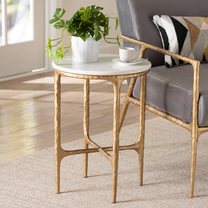 Baxton Studio Baxton Akanji Marble End Table — Hand-Forged Hammered Metal Frame, Round Rustic Modern Accent, Fully Assembled FUR6895-Marble Top Hammer Iron-ET