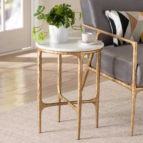 Baxton Studio Baxton Akanji Marble End Table — Hand-Forged Hammered Metal Frame, Round Rustic Modern Accent, Fully Assembled FUR6895-Marble Top Hammer Iron-ET