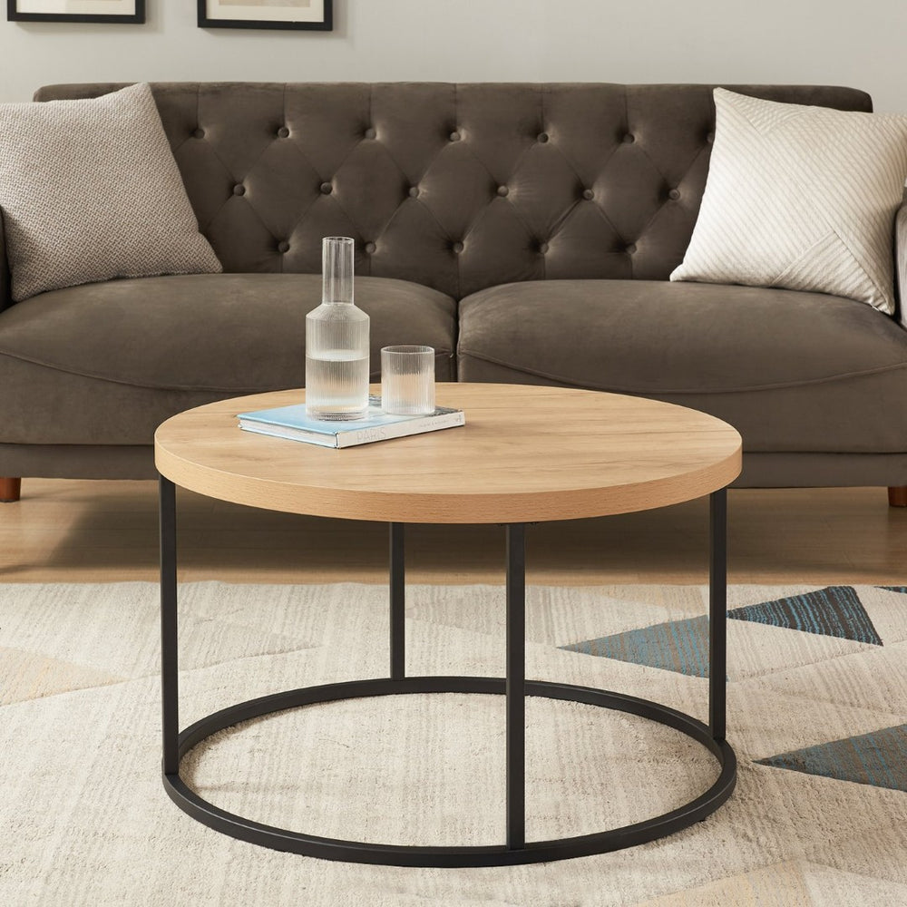 English Elm 31.5" Round Oak Finish Coffee Table Matte Black Steel Base for Modern Living Rooms Oak W3151P352763