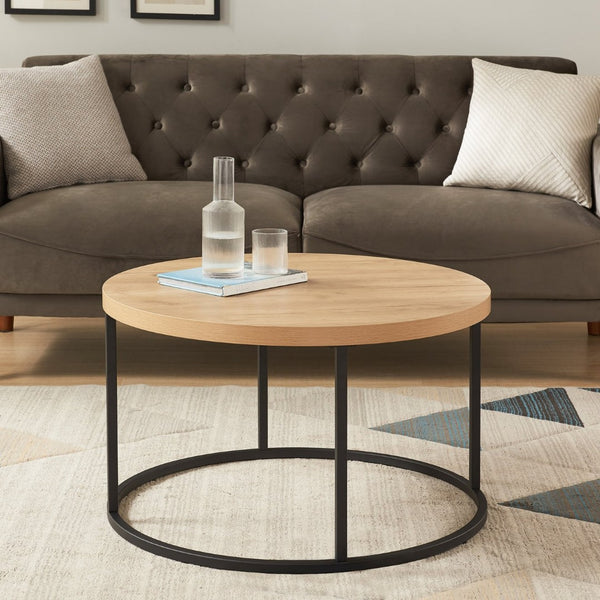 English Elm 31.5" Round Oak Finish Coffee Table Matte Black Steel Base for Modern Living Rooms Oak W3151P352763