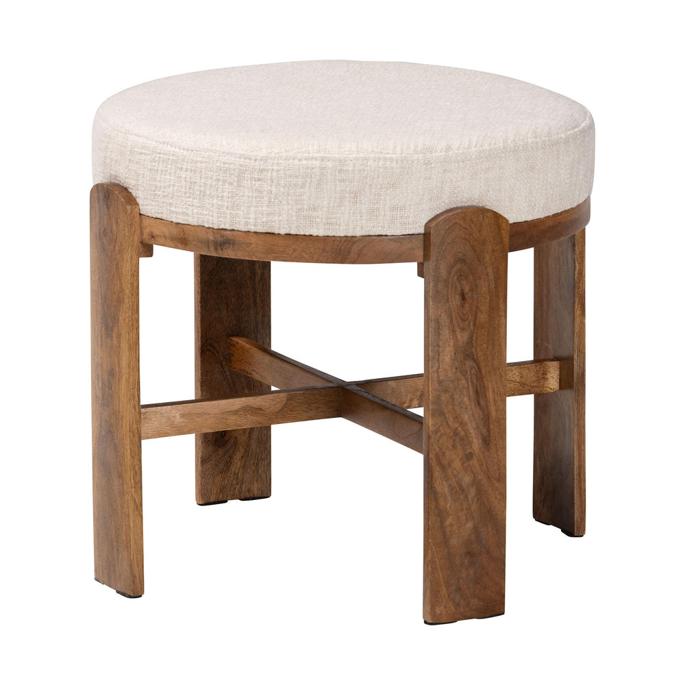Baxton Studio Baxton Round Fabric Ottoman With Mango Wood Crisscross Base — Plush Upholstered Stool, Fully Assembled FUR6896-Round-Footstool