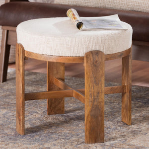 Baxton Studio Baxton Round Fabric Ottoman With Mango Wood Crisscross Base — Plush Upholstered Stool, Fully Assembled FUR6896-Round-Footstool