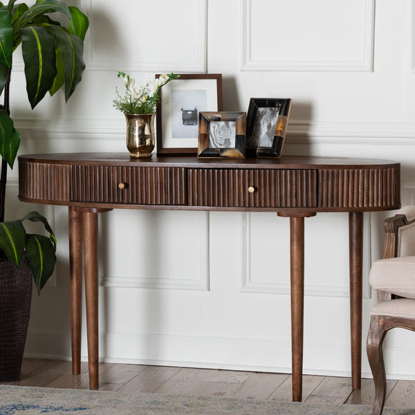 Baxton Studio Baxton Linore Fluted Mango Wood Console Table With Oval Top, 2 Drawers & Metal Pulls, 52"W FUR6897-2DW-Console Table