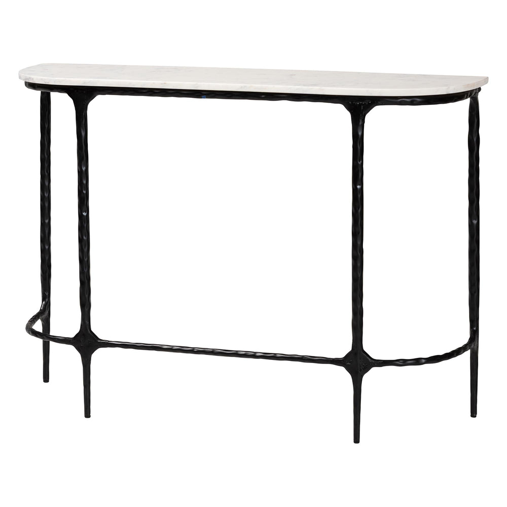Baxton Studio Baxton Edsel Marble Console Table With Hand‑Forged Hammered Steel Frame, Rustic Modern Entryway Elegance Round FUR6899-Marble Top Hammered-Console Table