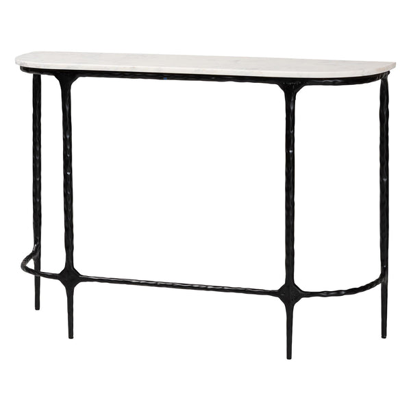 Baxton Studio Baxton Edsel Marble Console Table With Hand‑Forged Hammered Steel Frame, Rustic Modern Entryway Elegance Round FUR6899-Marble Top Hammered-Console Table