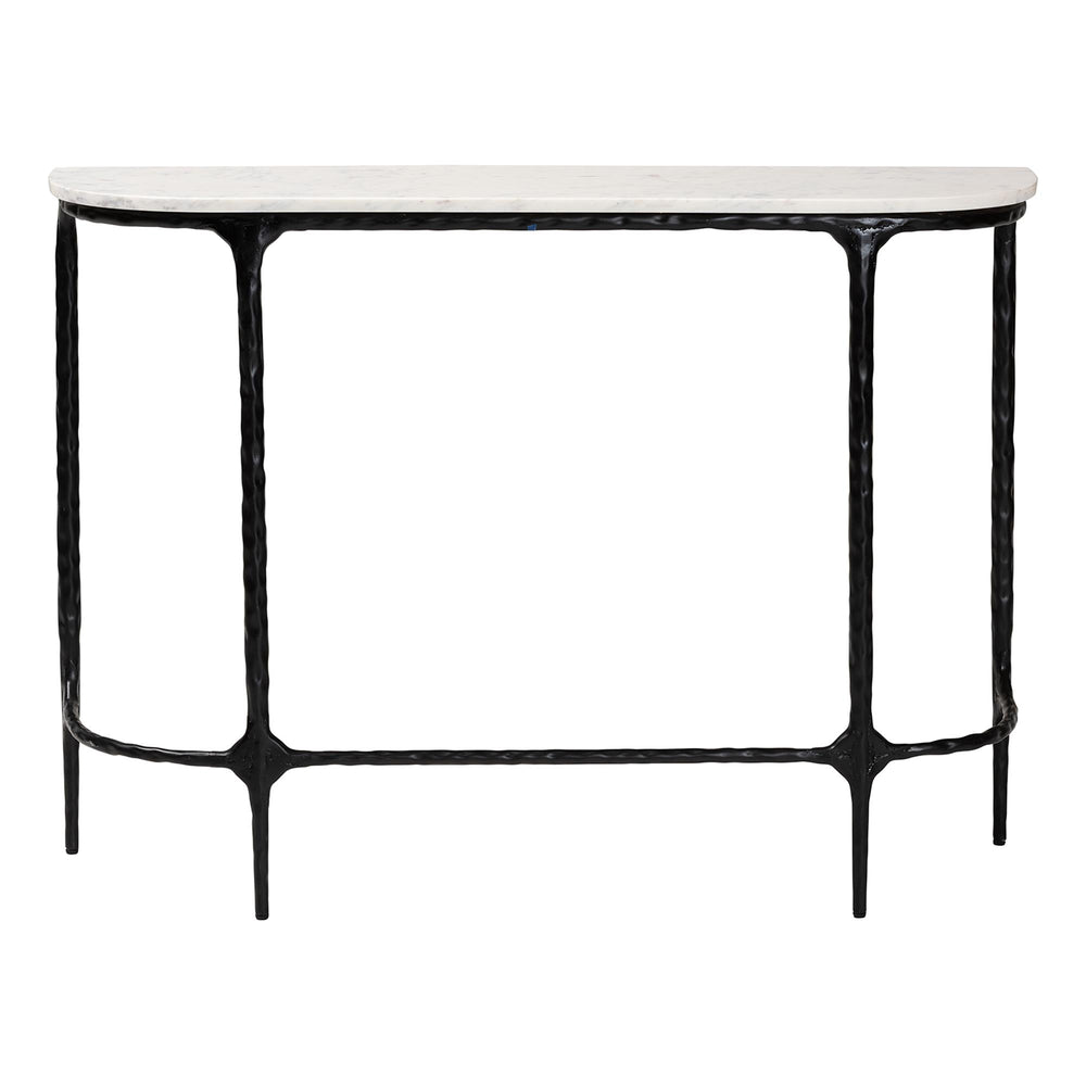 Baxton Studio Baxton Edsel Marble Console Table With Hand‑Forged Hammered Steel Frame, Rustic Modern Entryway Elegance Round FUR6899-Marble Top Hammered-Console Table
