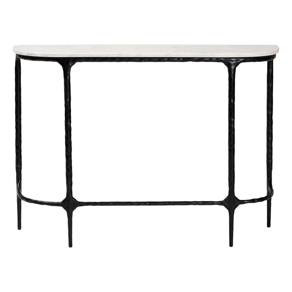 Baxton Studio Baxton Edsel Marble Console Table With Hand‑Forged Hammered Steel Frame, Rustic Modern Entryway Elegance Round FUR6899-Marble Top Hammered-Console Table