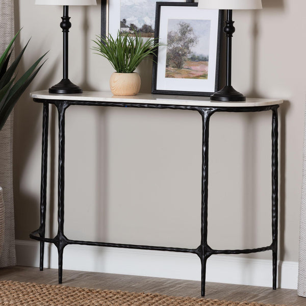 Baxton Studio Baxton Edsel Marble Console Table With Hand‑Forged Hammered Steel Frame, Rustic Modern Entryway Elegance Round FUR6899-Marble Top Hammered-Console Table