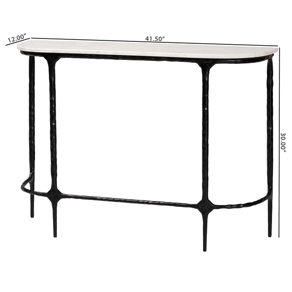 Baxton Studio Baxton Edsel Marble Console Table With Hand‑Forged Hammered Steel Frame, Rustic Modern Entryway Elegance Round FUR6899-Marble Top Hammered-Console Table