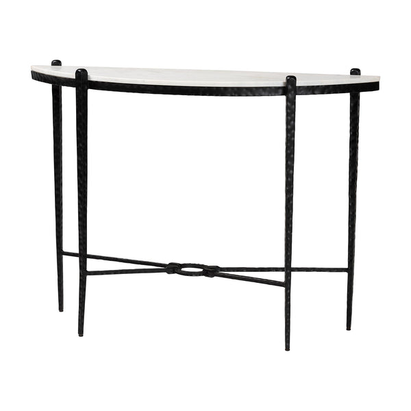 Baxton Studio Baxton Caledon Marble Half-Moon Console Table With Hand-Forged Hammered Steel Frame, 41"W, Elegant Rustic Craftsmanship FUR6900-Hammered/Marble Top-Console Table