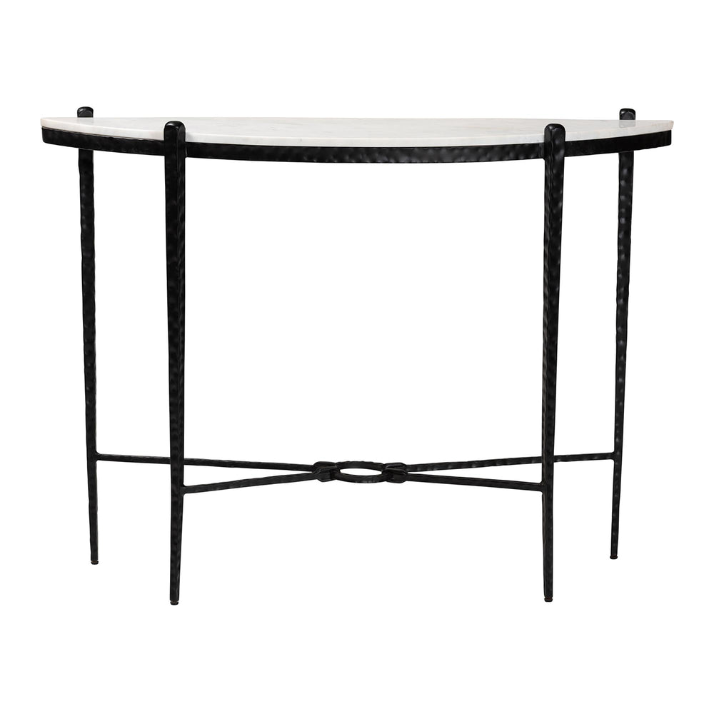 Baxton Studio Baxton Caledon Marble Half-Moon Console Table With Hand-Forged Hammered Steel Frame, 41"W, Elegant Rustic Craftsmanship FUR6900-Hammered/Marble Top-Console Table