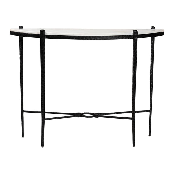 Baxton Studio Baxton Caledon Marble Half-Moon Console Table With Hand-Forged Hammered Steel Frame, 41"W, Elegant Rustic Craftsmanship FUR6900-Hammered/Marble Top-Console Table
