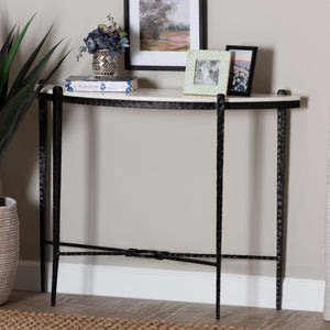Baxton Studio Baxton Caledon Marble Half-Moon Console Table With Hand-Forged Hammered Steel Frame, 41"W, Elegant Rustic Craftsmanship FUR6900-Hammered/Marble Top-Console Table